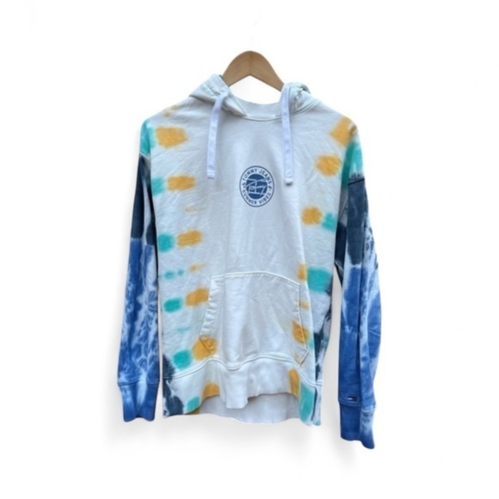 Tommy Hilfiger Sz S White Summer Vibes Hoodie w/Tie Dye Sides & Green Lining